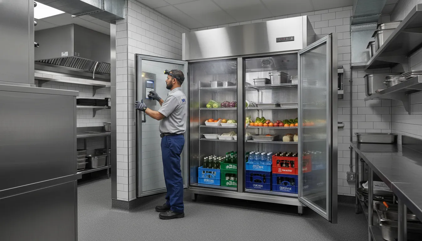 Commercial refrigeration technician inspecting a walk-in cooler during an emergency service call
