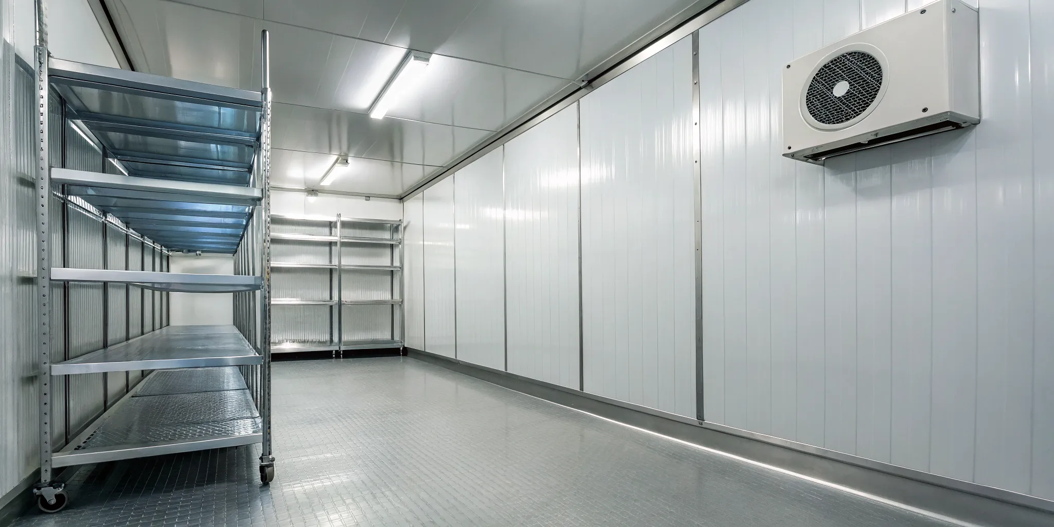 A walk-in freezer with common construction design flaws in its insulated panels and seals.