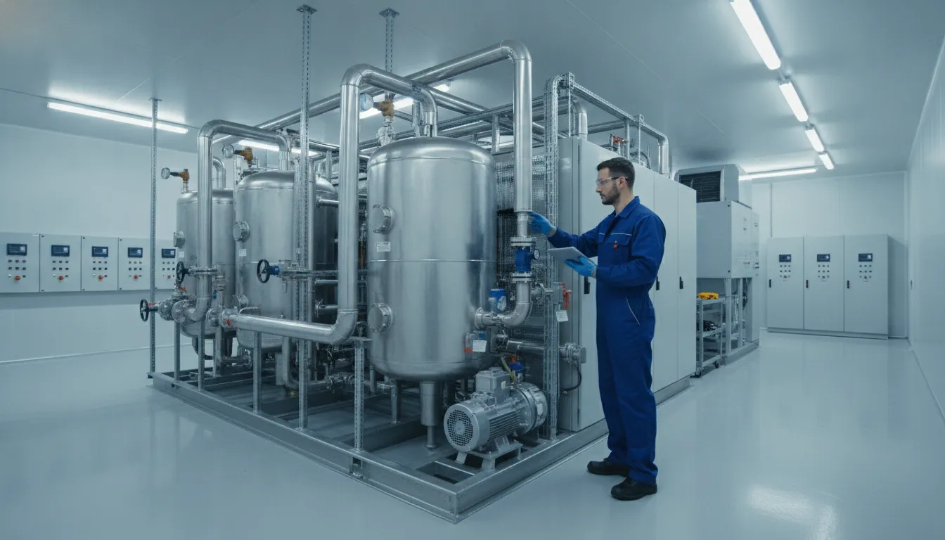 Technician inspecting an industrial chiller in a facility mechanical room