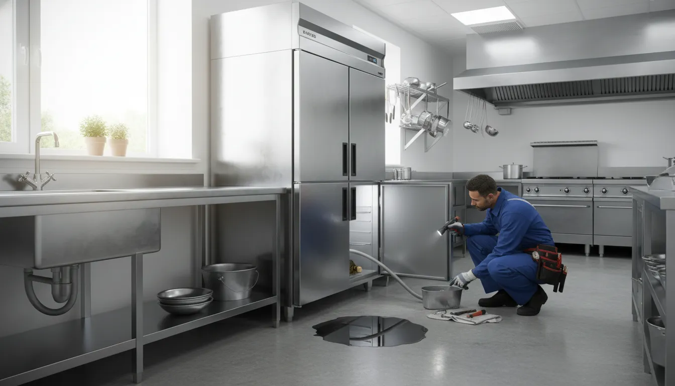 Technician inspecting a commercial fridge leaking water
