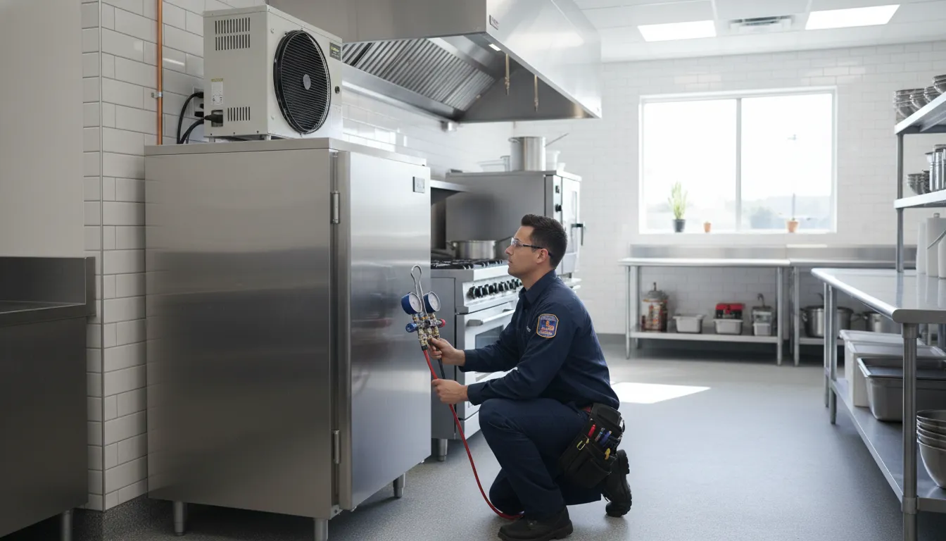 Technician checking commercial refrigeration maintenance equipment