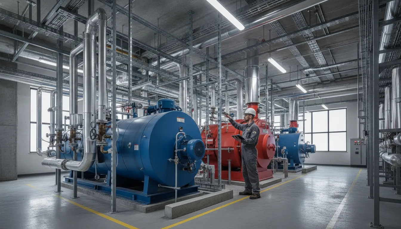 Technician inspecting industrial chiller and boiler equipment