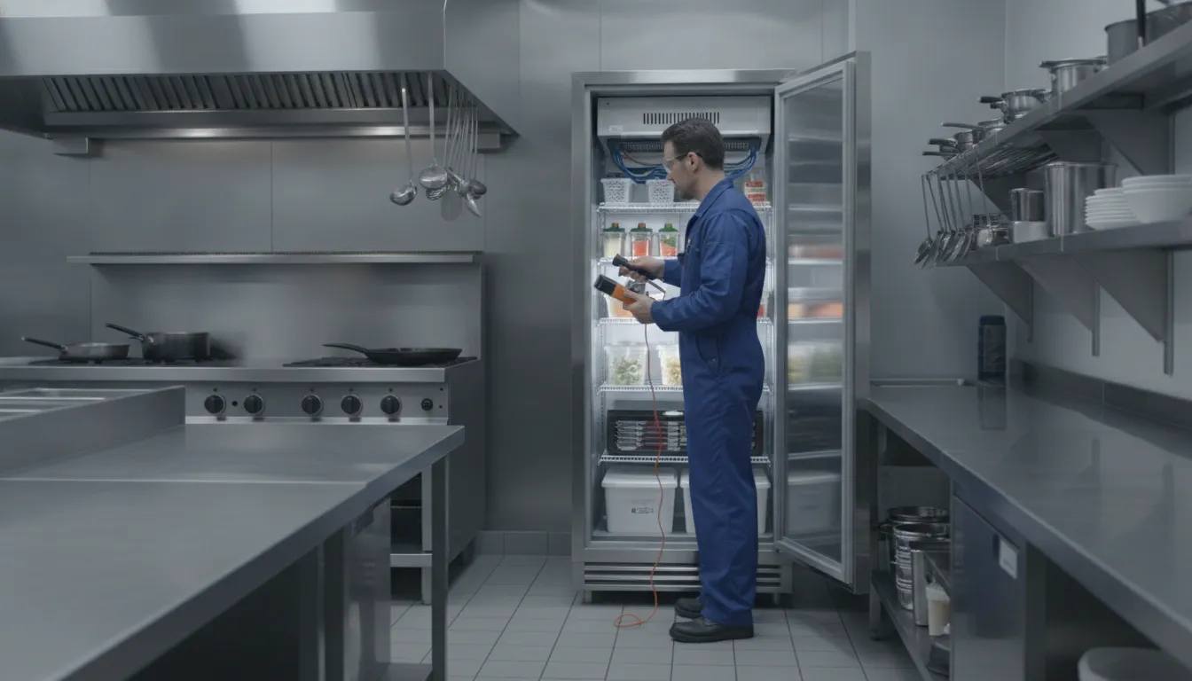 Commercial technician performing restaurant refrigeration repair inspection