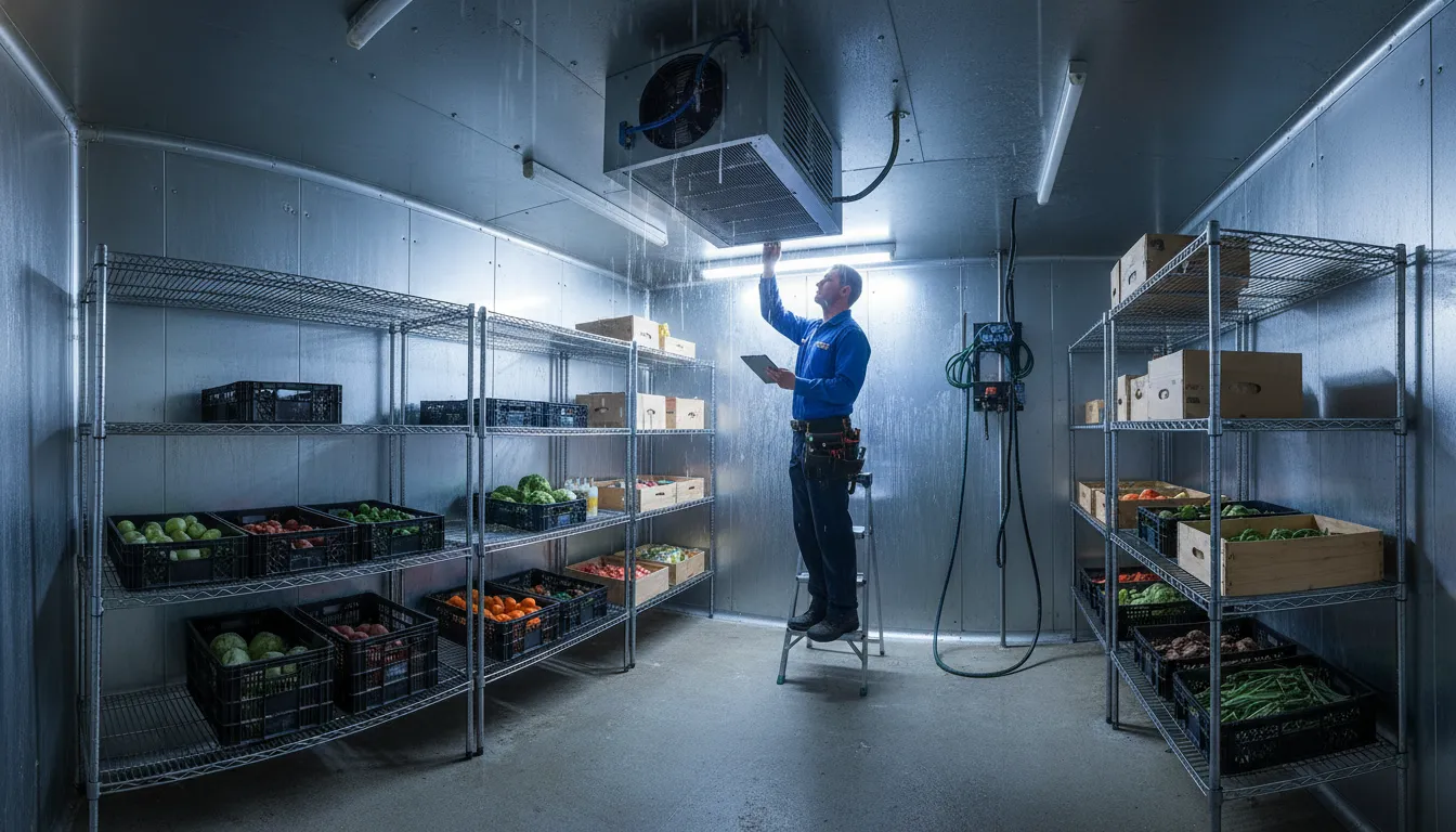 Technician performing walk in cooler repair inspection