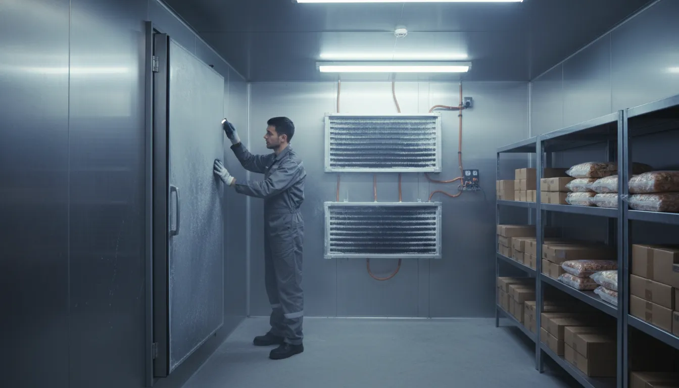 Commercial refrigeration technician inspecting a walk-in freezer