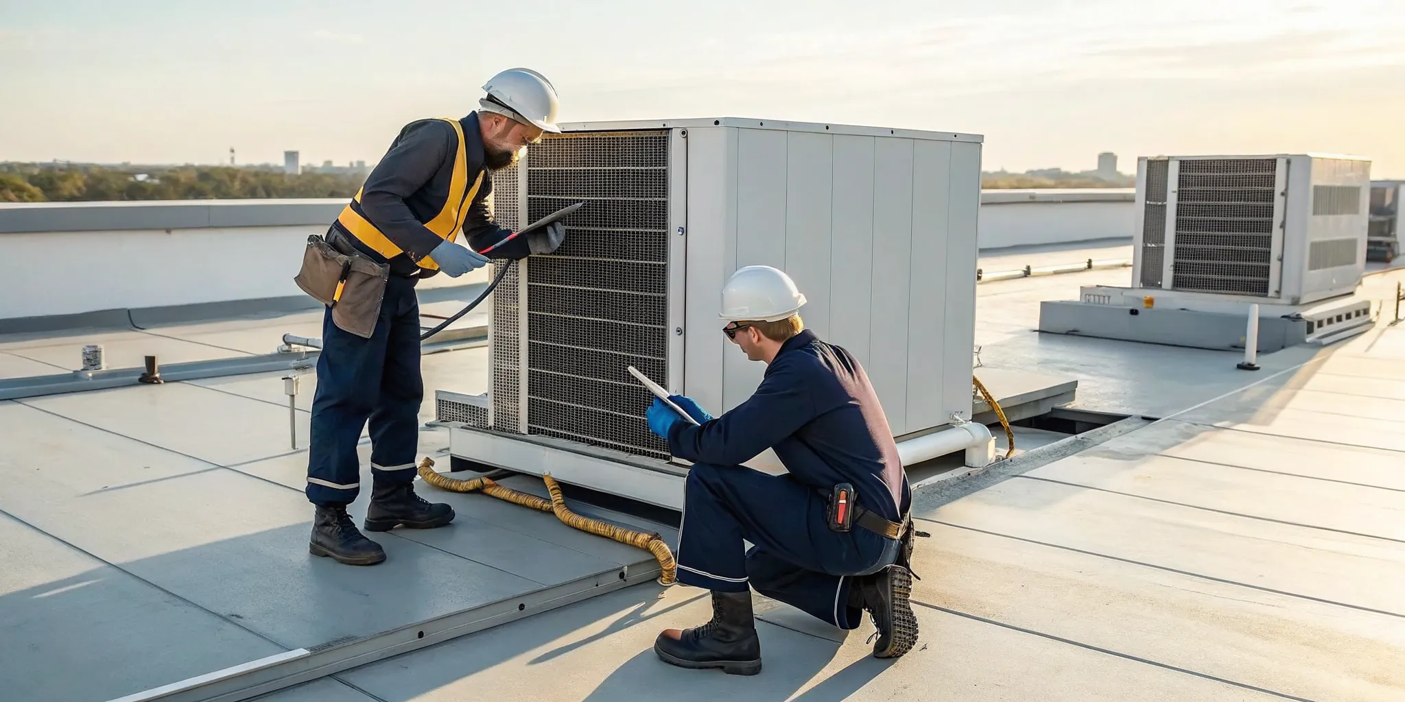 HVAC tech in PPE follows OSHA safety considerations for rooftop HVAC servicing.