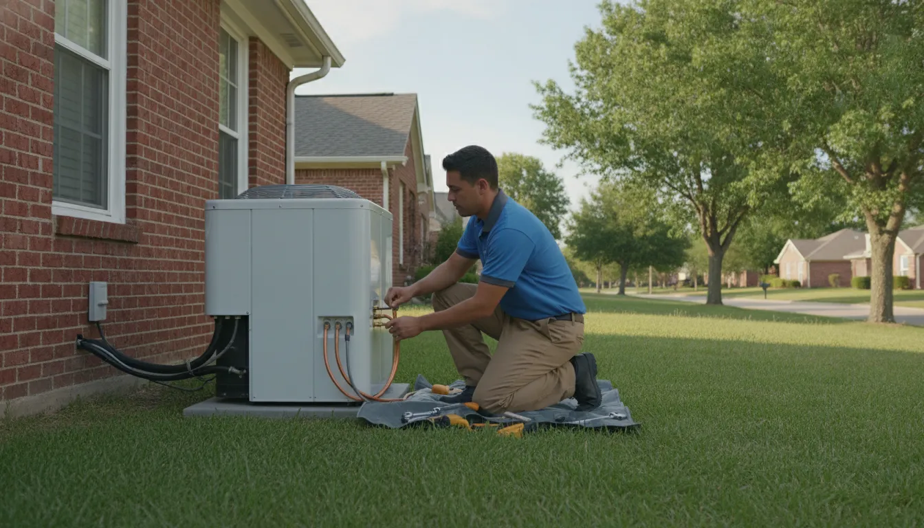 A2L refrigerants HVAC technician installing a new energy-efficient air conditioner for a North Carolina homeA technician in a blue shirt kneels on the grass, servicing an outdoor air conditioning unit beside a brick house on a sunny day.