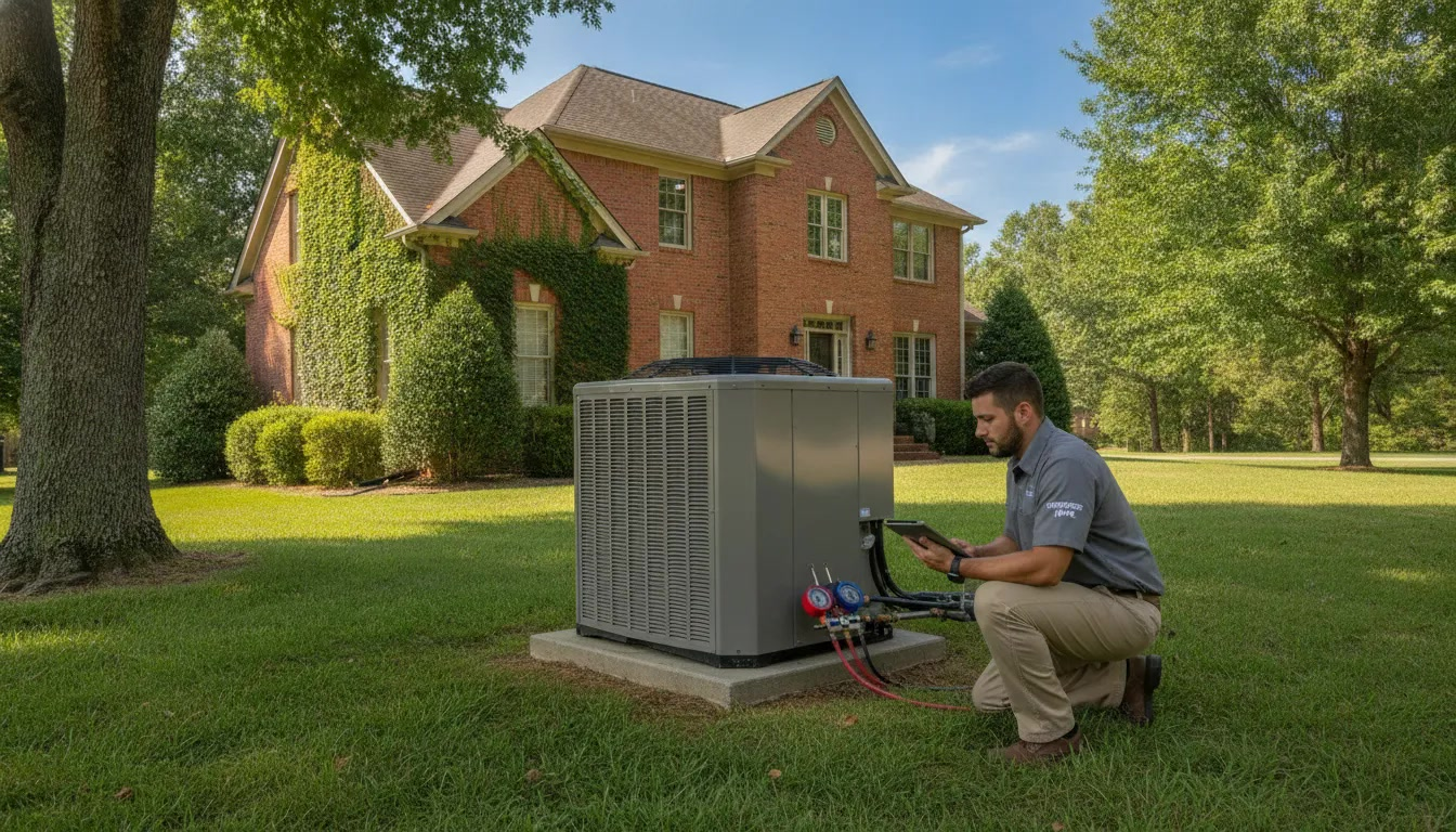 A technician inspects an outdoor HVAC unit beside a brick house on a sunny day, using tools and a digital meter.
