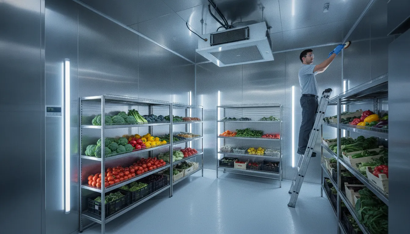 Commercial walk-in cooler interior with fresh produce stored neatly on stainless steel shelves