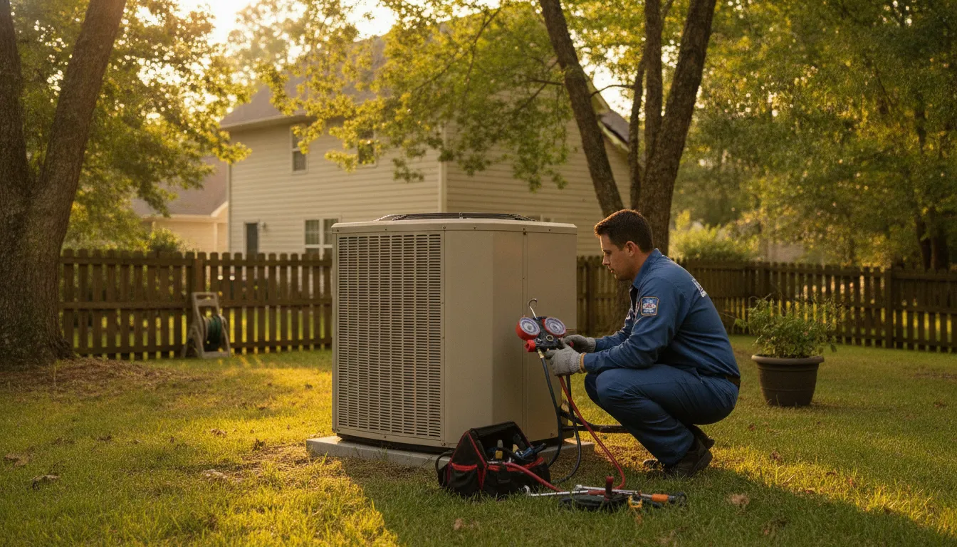 A technician in blue coveralls checks an outdoor air conditioning unit with gauges, set in a grassy backyard near a house and trees.