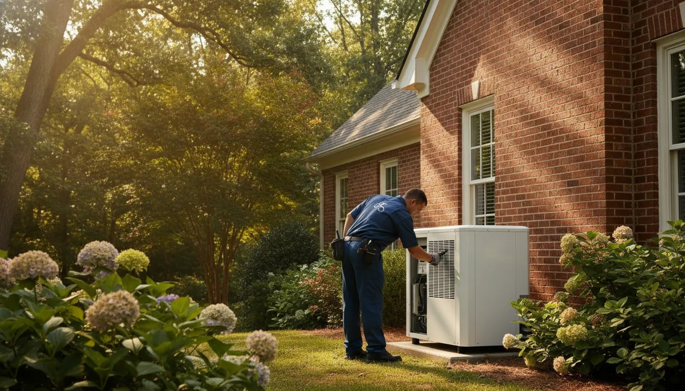 Inverter heat pump outdoor unit beside a North Carolina home
