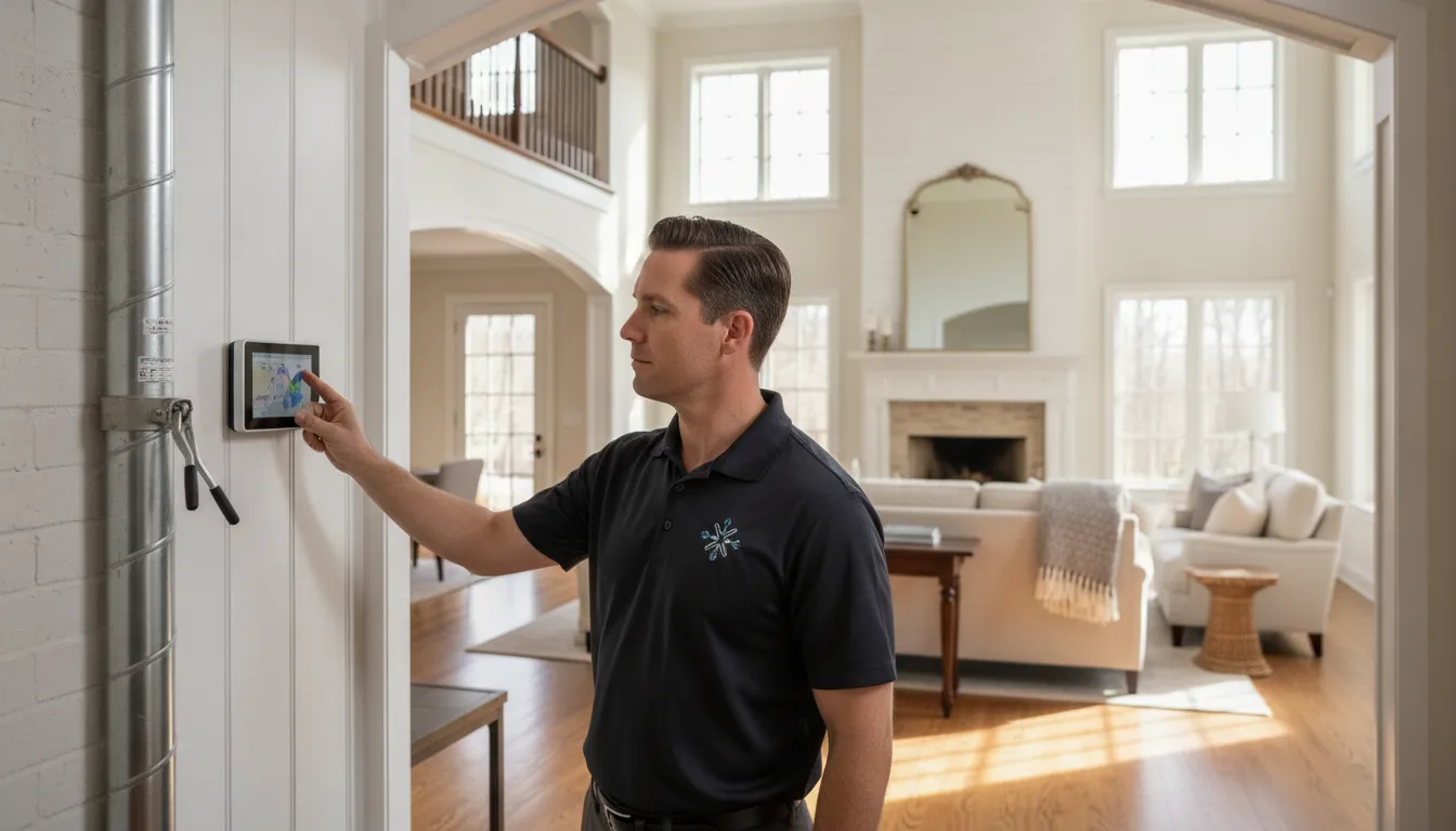 HVAC technician adjusting a thermostat in a bright multi-story North Carolina home