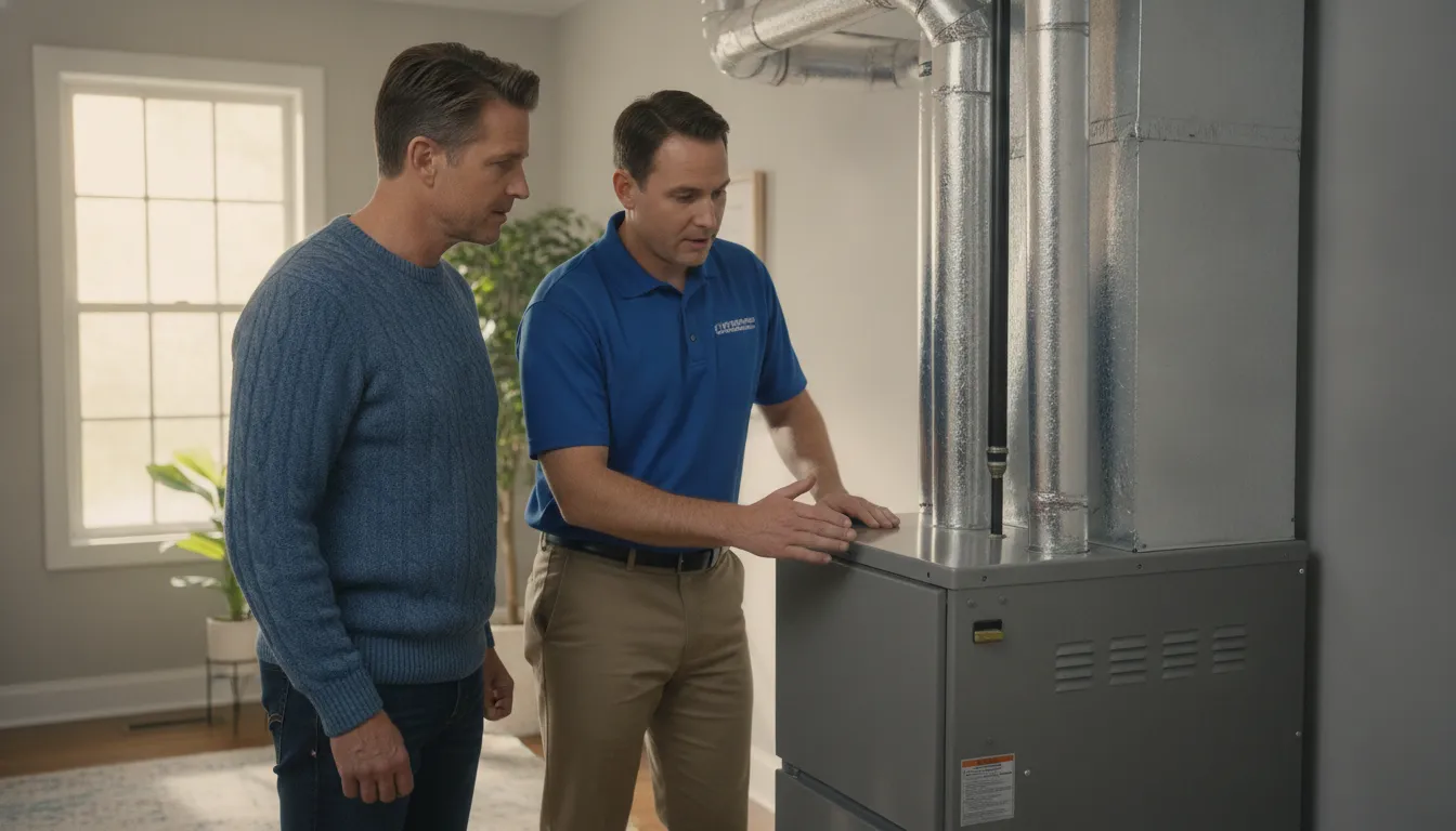 Mocksville homeowner reviewing a furnace repair or upgrade with an HVAC technician