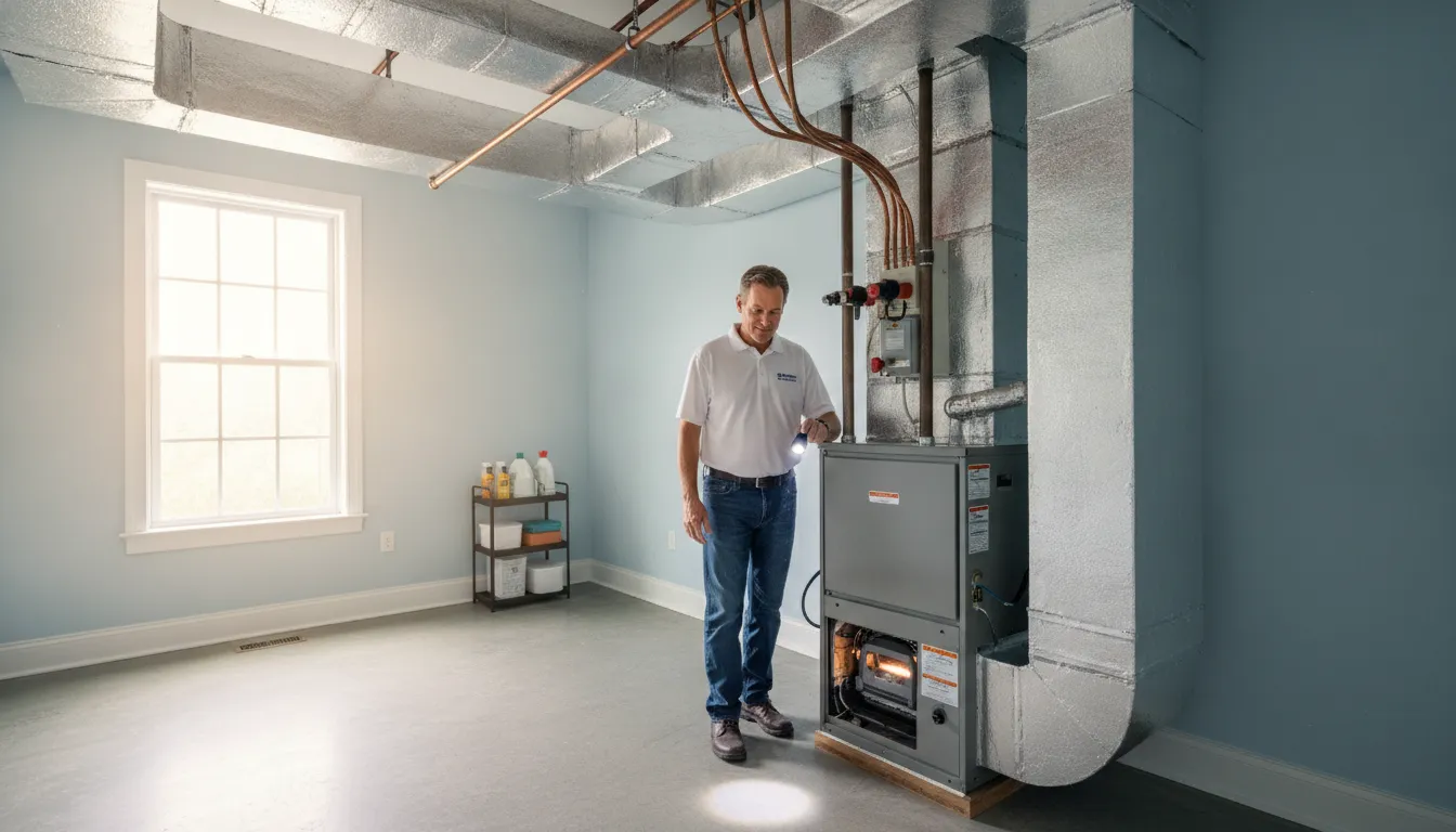 High Point homeowner and HVAC technician inspecting a residential furnace