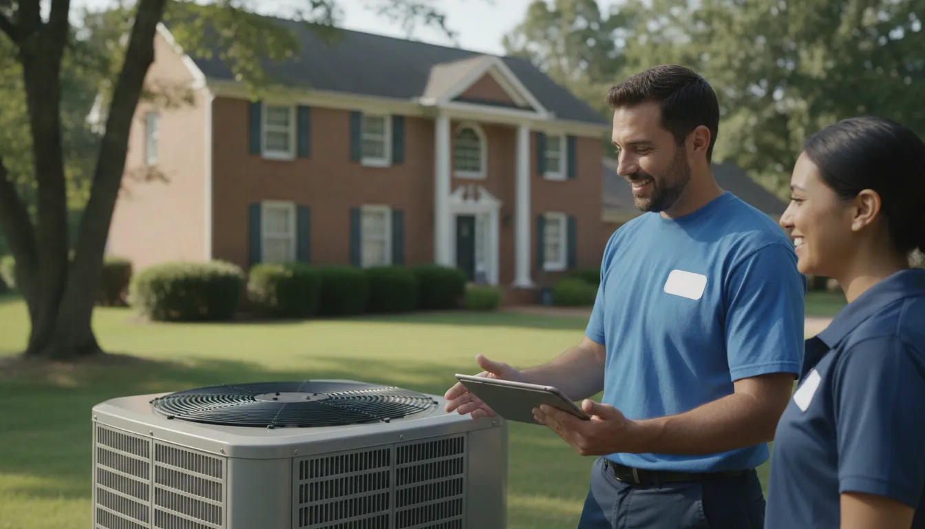 HVAC technician explaining a replacement quote to a homeowner beside an outdoor condenser unit