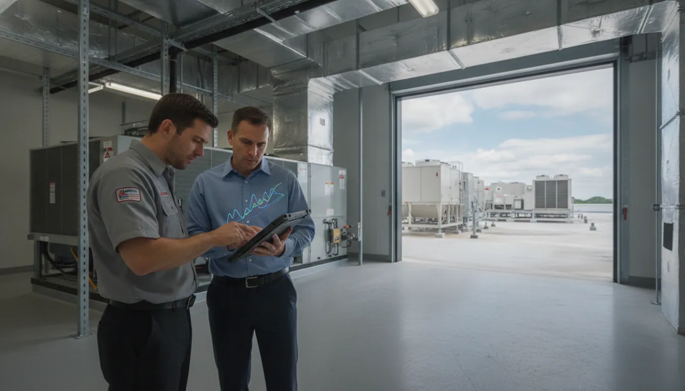 Two men in work uniforms review information on a tablet inside an industrial warehouse with large machinery and an open garage door leading outside.