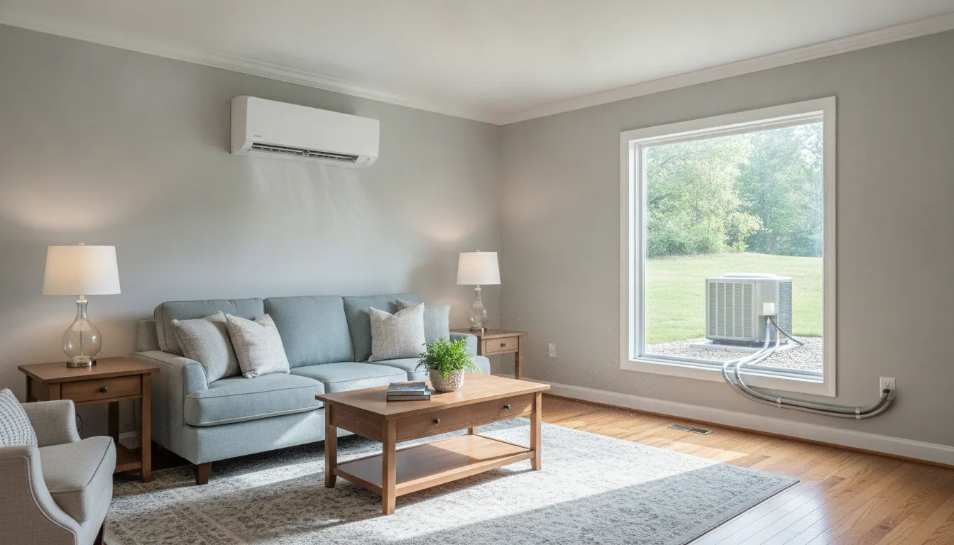 Wall-mounted ductless mini-split indoor head conditioning a bright home living room