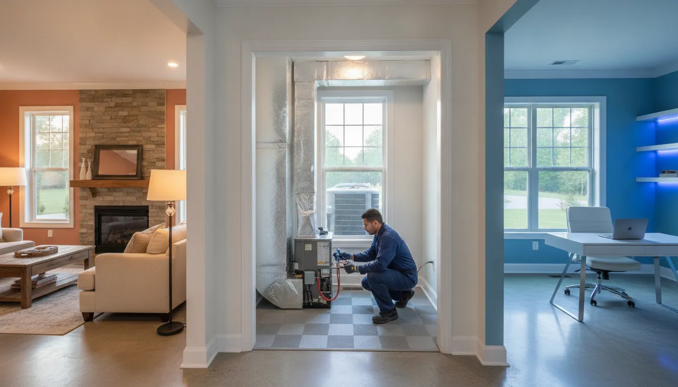 A man kneels to inspect an HVAC unit in a bright, modern home, positioned between a living room on the left and a home office on the right.