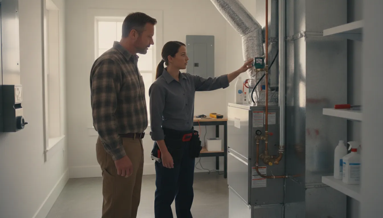Lexington homeowner and HVAC technician reviewing a residential furnace