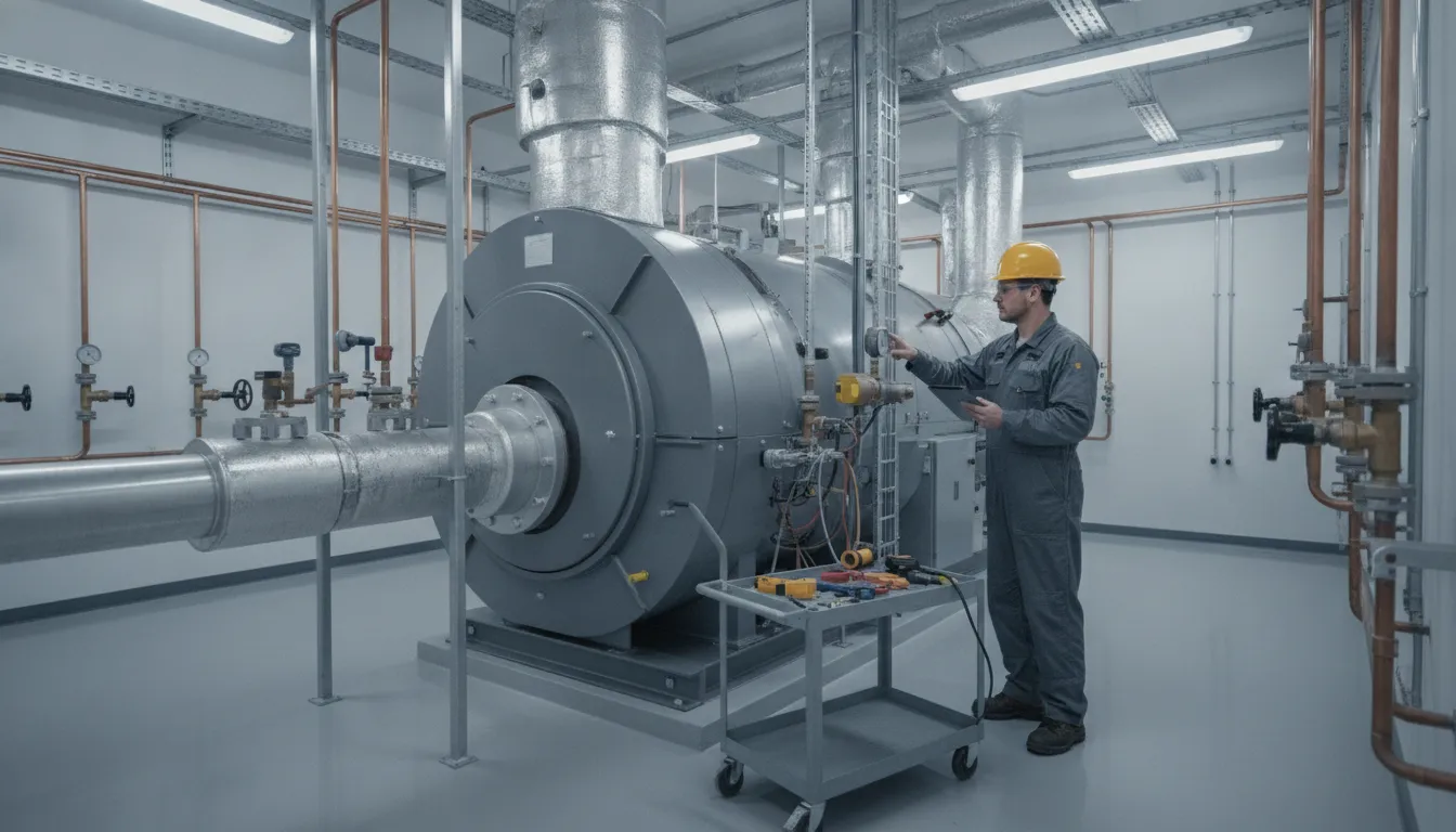 Technician performing boiler repair service on a commercial system