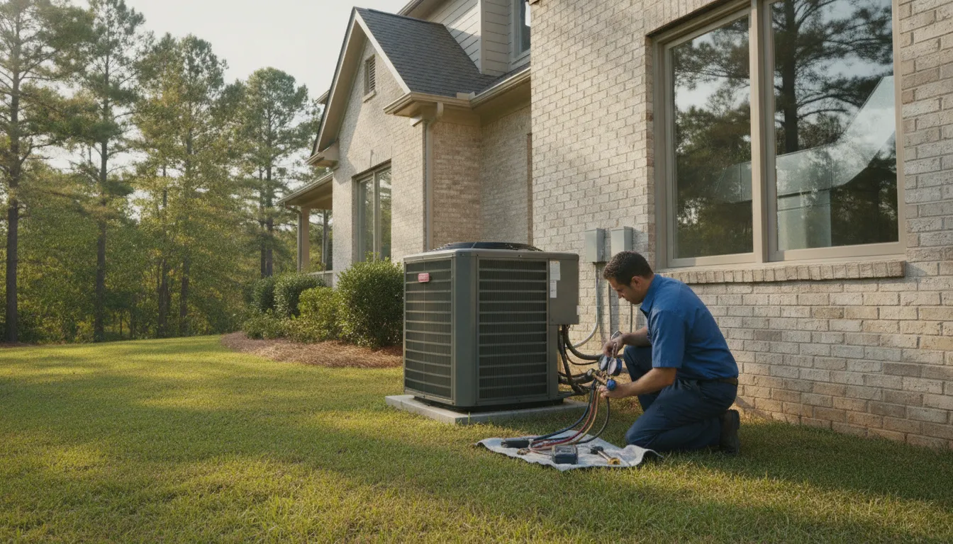 HVAC technician evaluating a central AC system beside a North Carolina home