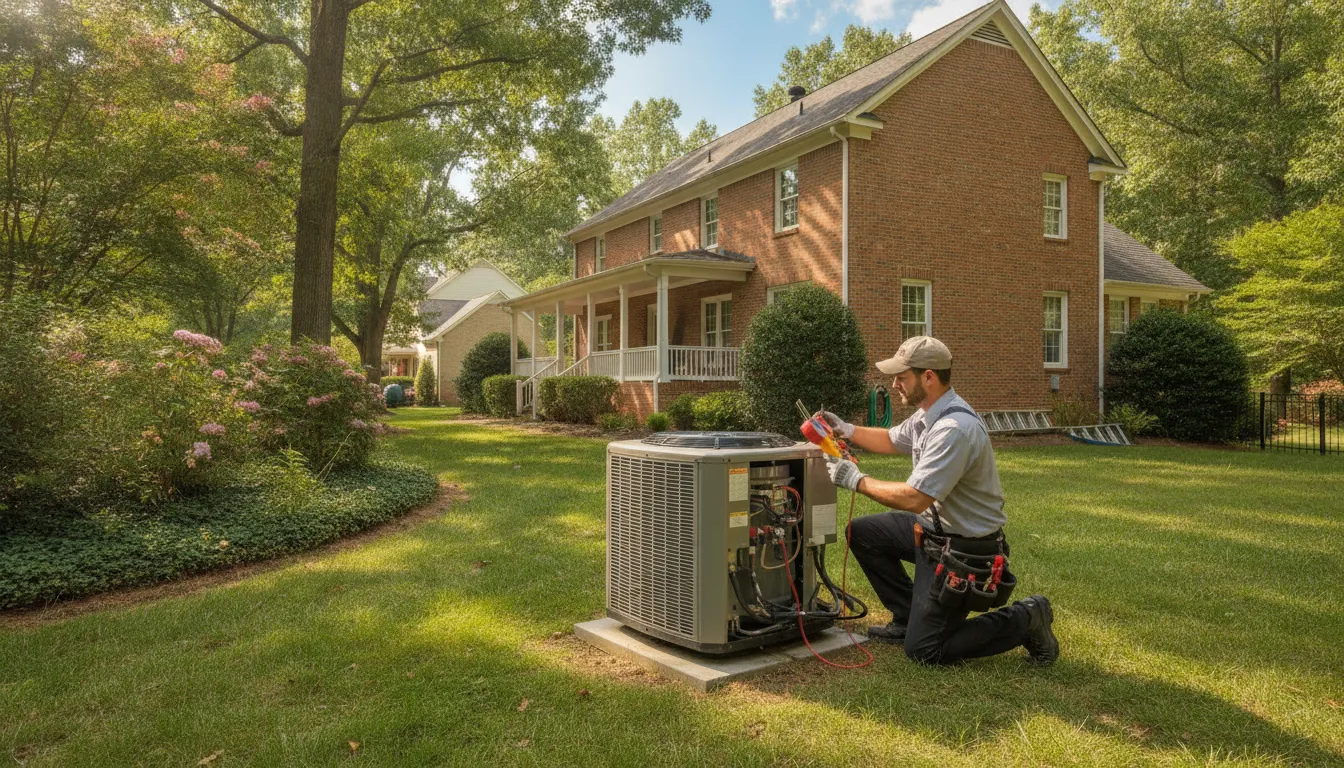 HVAC technician diagnosing an outdoor air conditioner for emergency HVAC repair in Winston-Salem