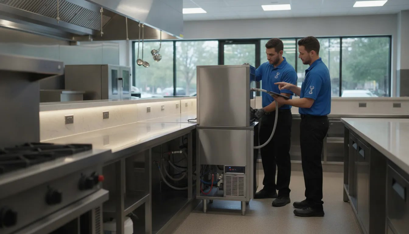 Technicians inspecting a commercial ice maker in a restaurant kitchenTechnicians inspecting a commercial ice maker in a restaurant kitchenTwo technicians in blue uniforms inspect a commercial dishwasher in a restaurant kitchen.