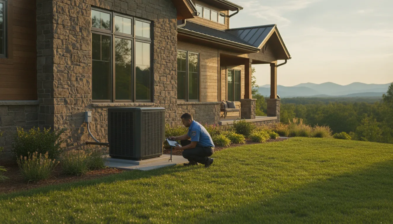 Technician inspecting a heat pump beside a North Carolina home