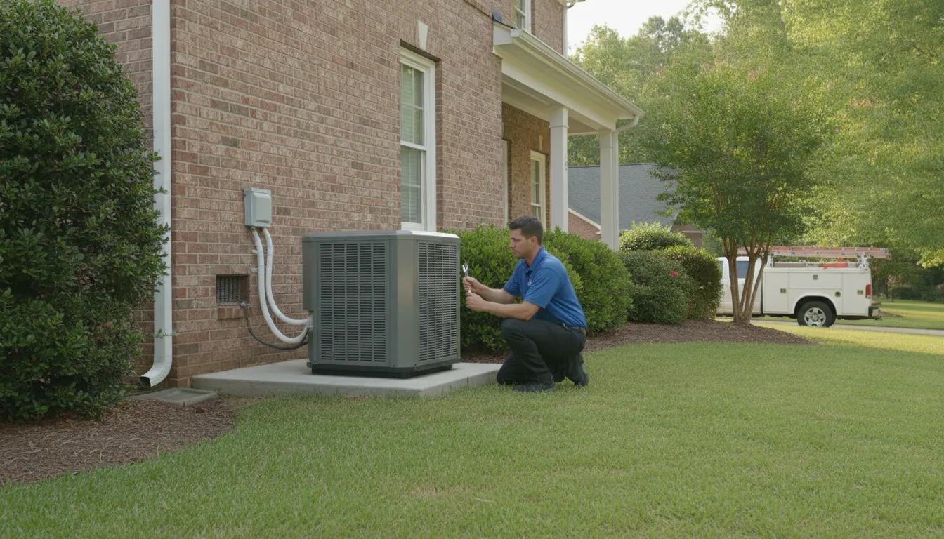 Residential heat pump and technician beside a Greensboro brick home