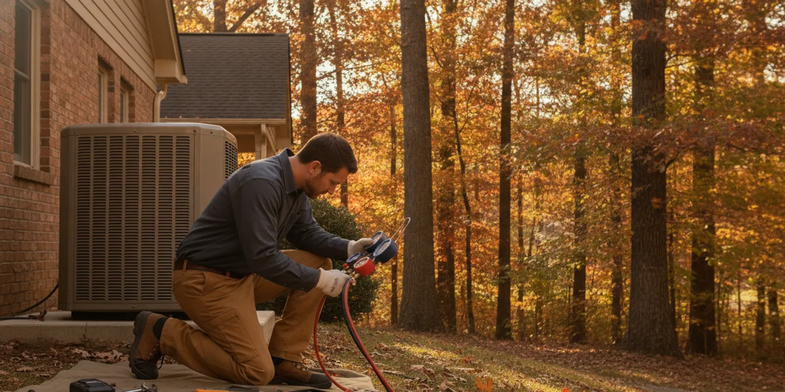 HVAC technician inspecting an outdoor heat pump at a North Carolina home.