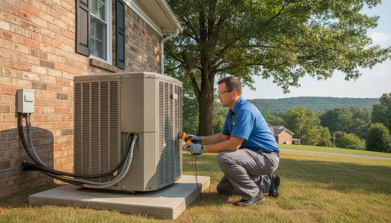 HVAC technician inspecting a residential air conditioner near Winston-Salem