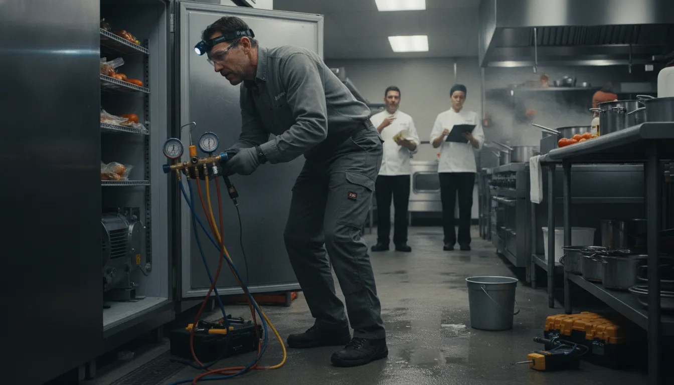 Commercial refrigeration technician inspecting a walk-in cooler for refrigerant leaks using diagnostic equipment